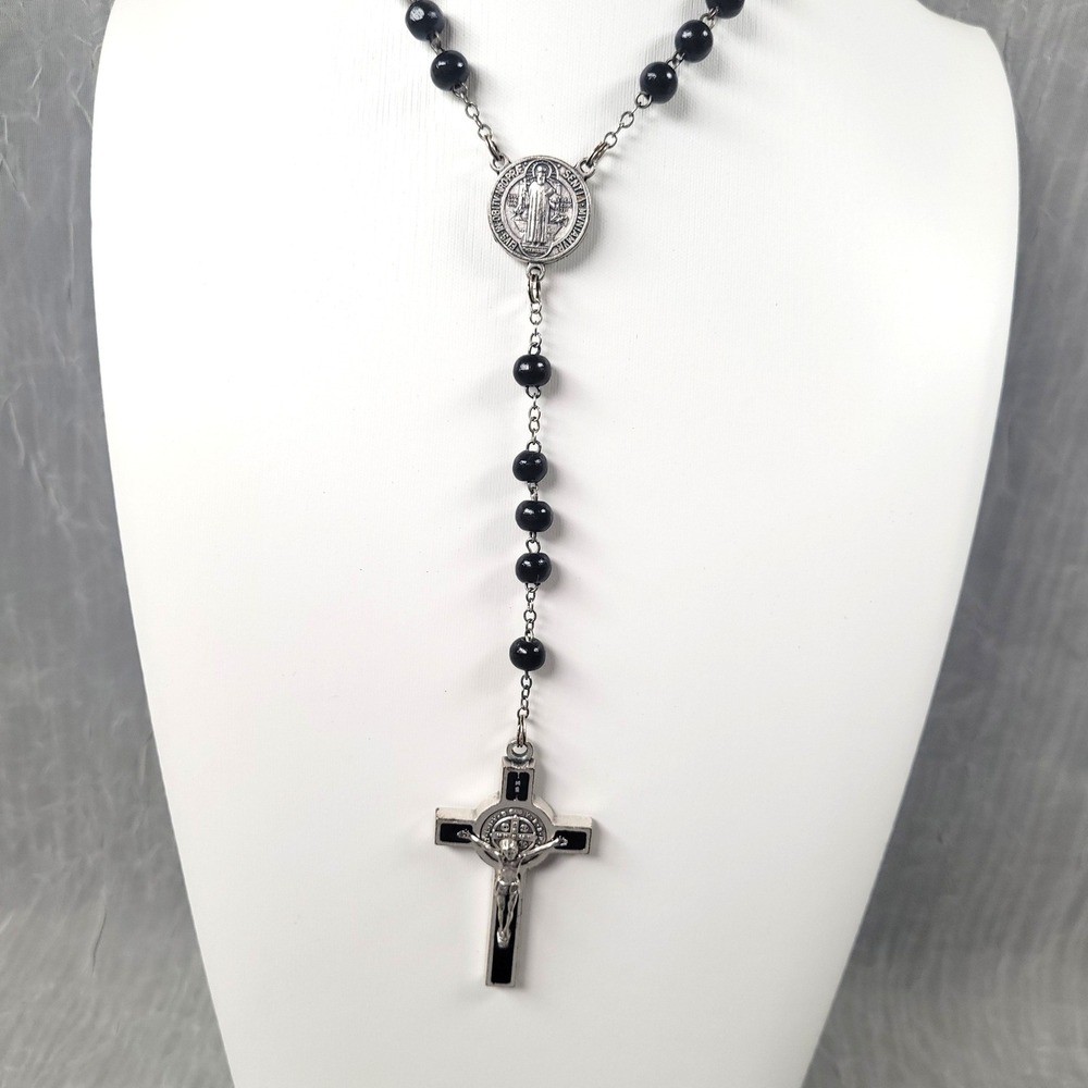 Rosary Beads Necklace Black Silver Tone St Benedict Crucifix Religious